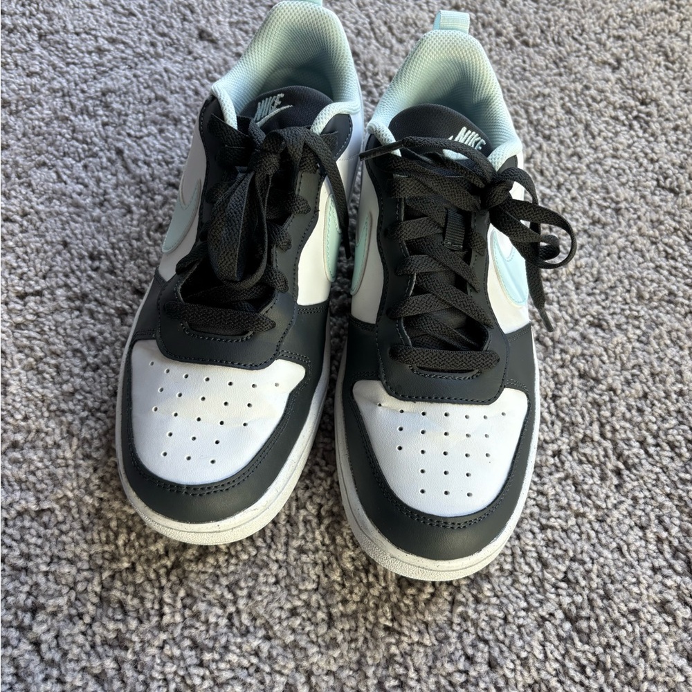 Nike Court 7Y dark grey and white with sky blue swoosh